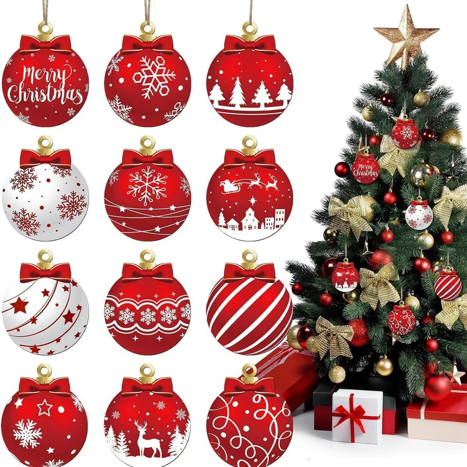 12 pcs Red and white wooden Christmas ball