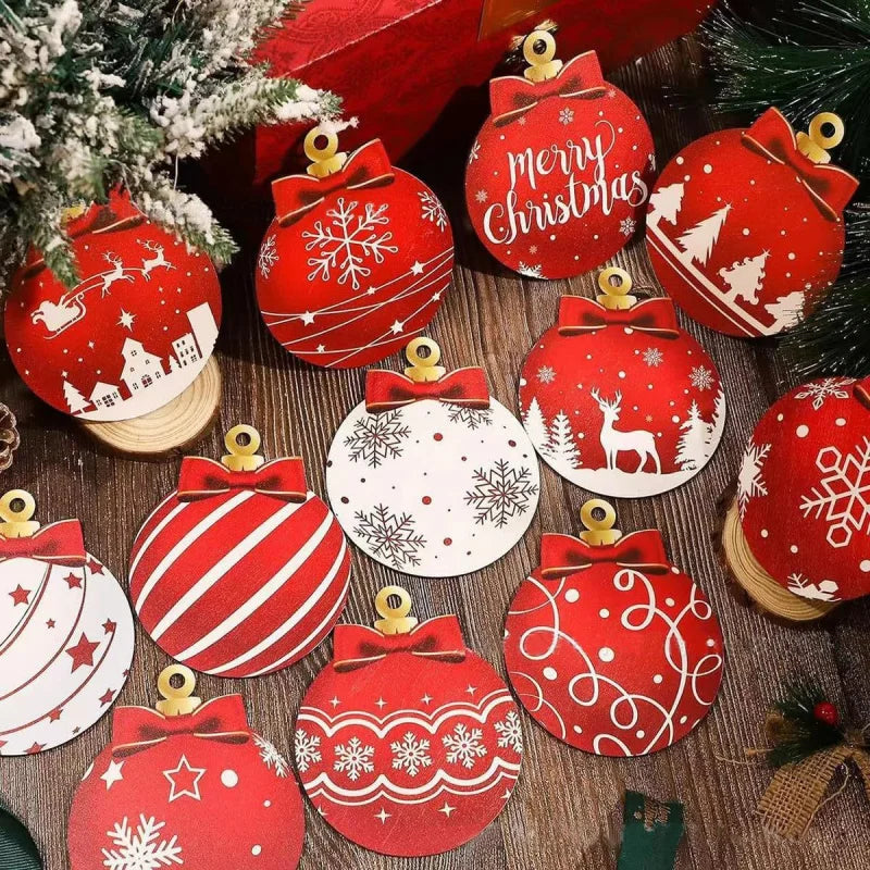 12 pcs Red and white wooden Christmas ball
