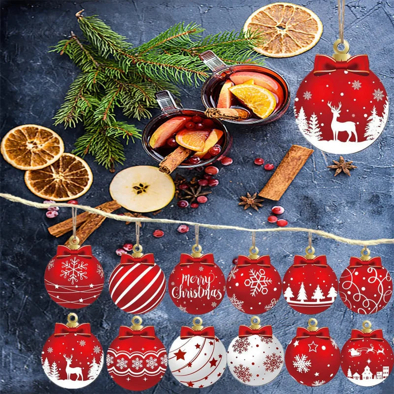 12 pcs Red and white wooden Christmas ball