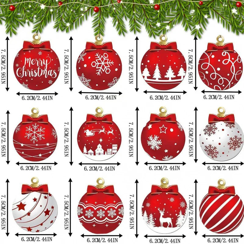 12 pcs Red and white wooden Christmas ball