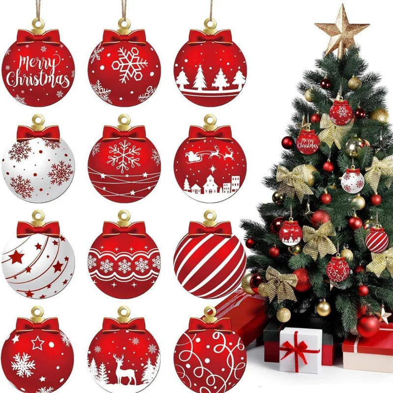 12 pcs Red and white wooden Christmas ball